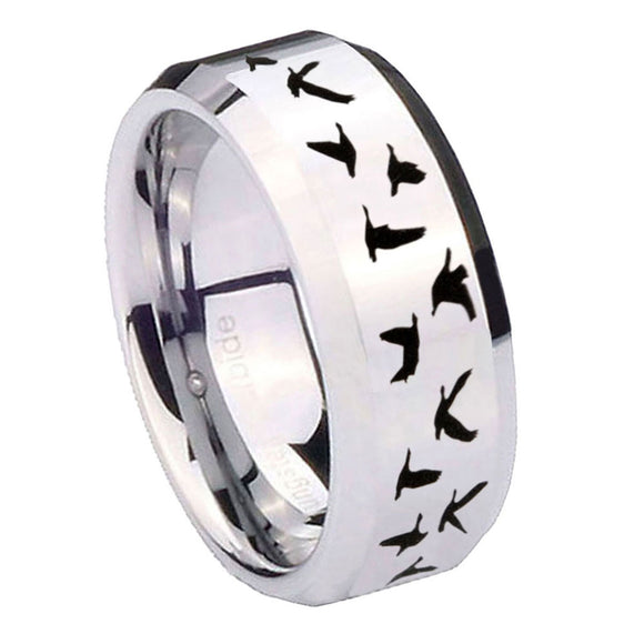 10mm-Flying-Geese-Hunting-Beveled-Edges-Silver-Tungsten-Carbide-Mens-Ring-Engraved