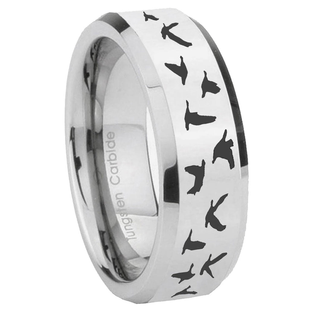 10mm Flying Geese Hunting Beveled Edges Silver Tungsten Carbide Mens Ring Engraved