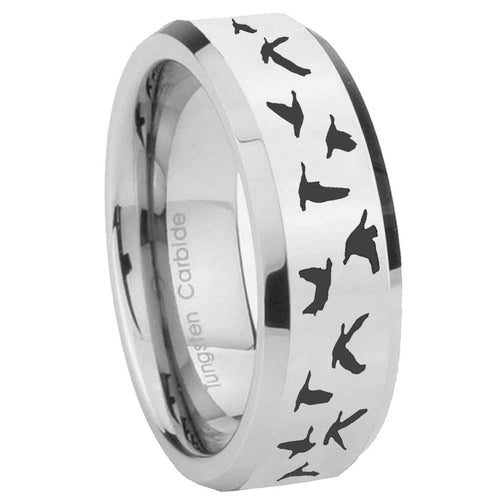 10mm Flying Geese Hunting Beveled Edges Silver Tungsten Carbide Mens Ring Engraved