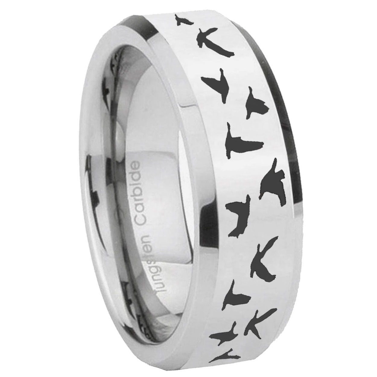 8MM Flaying Geese Hunting Bevel Polish Silver Tungsten Band For Men