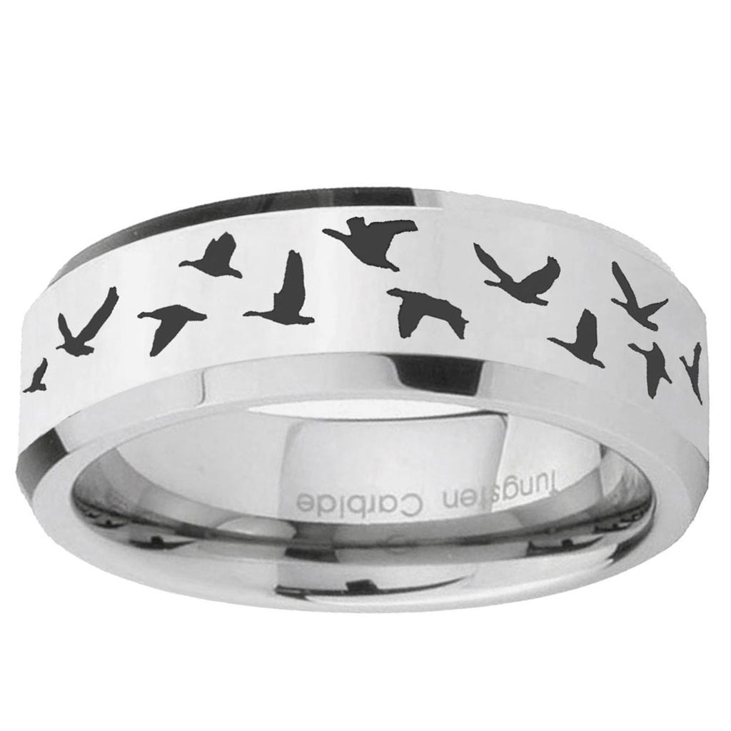 10mm Flying Geese Hunting Beveled Edge Silver Tungsten Ring