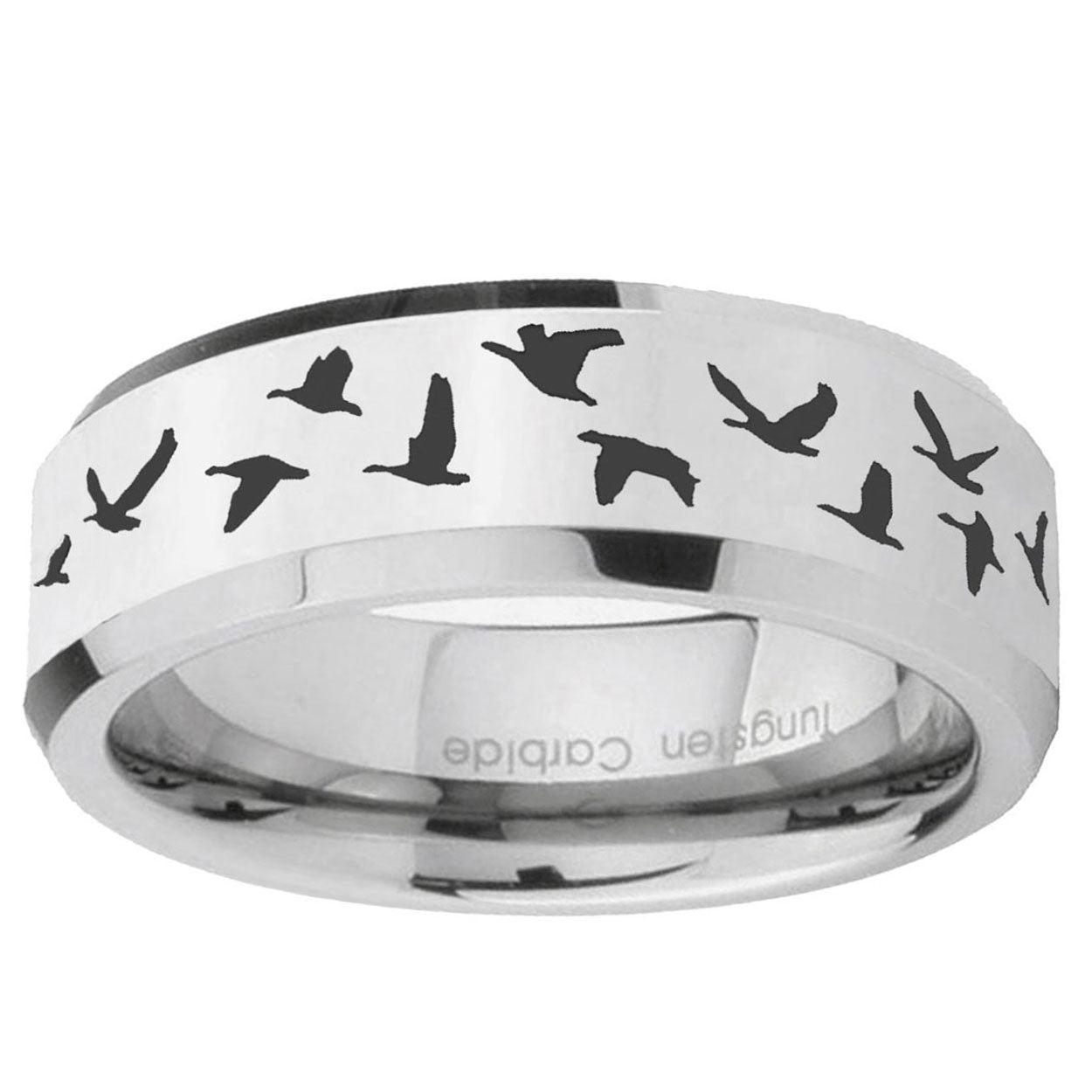 10mm Flying Geese Hunting Beveled Edge Silver Tungsten Ring