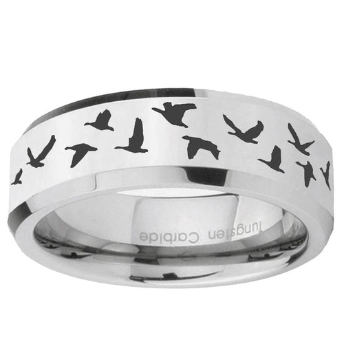 10mm Flying Geese Hunting Beveled Edge Silver Tungsten Ring