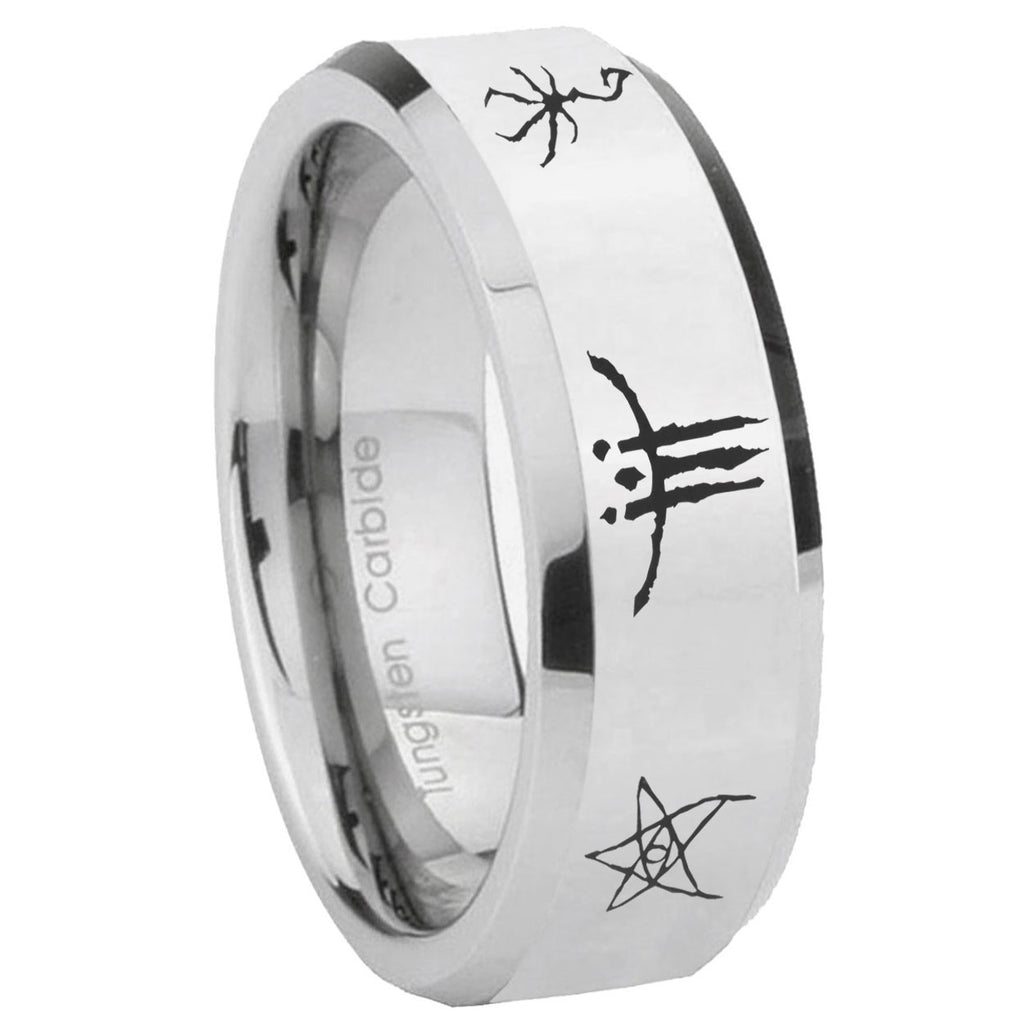 8MM Blackborne Caryll Runes Bevel Polish Silver Tungsten Wedding Band