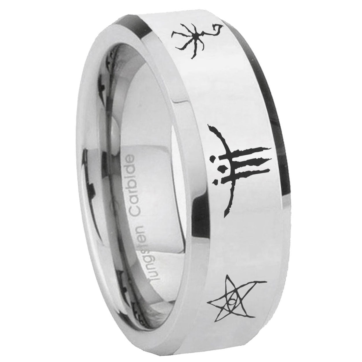 8MM Blackborne Caryll Runes Bevel Polish Silver Tungsten Wedding Band