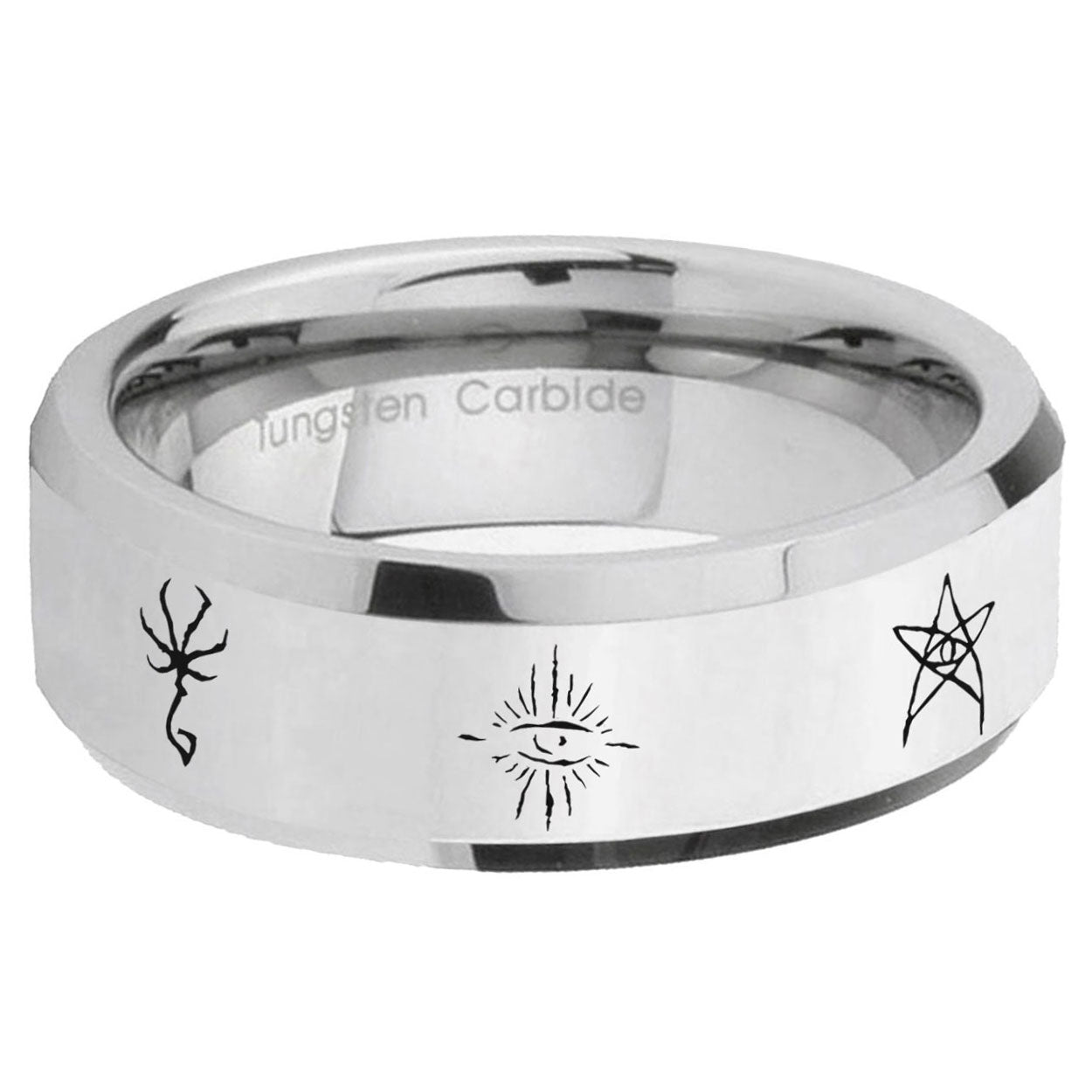 5MM Blackborne Caryll Runes Bevel Polish Silver Tungsten Wedding Band
