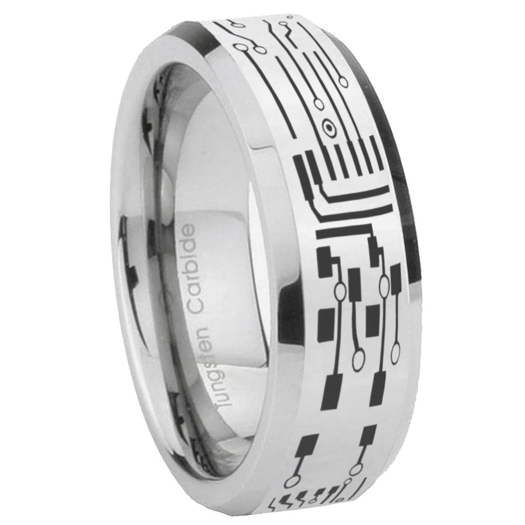 8MM Circuit Board Bevel Polish Silver Tungsten Wedding Band