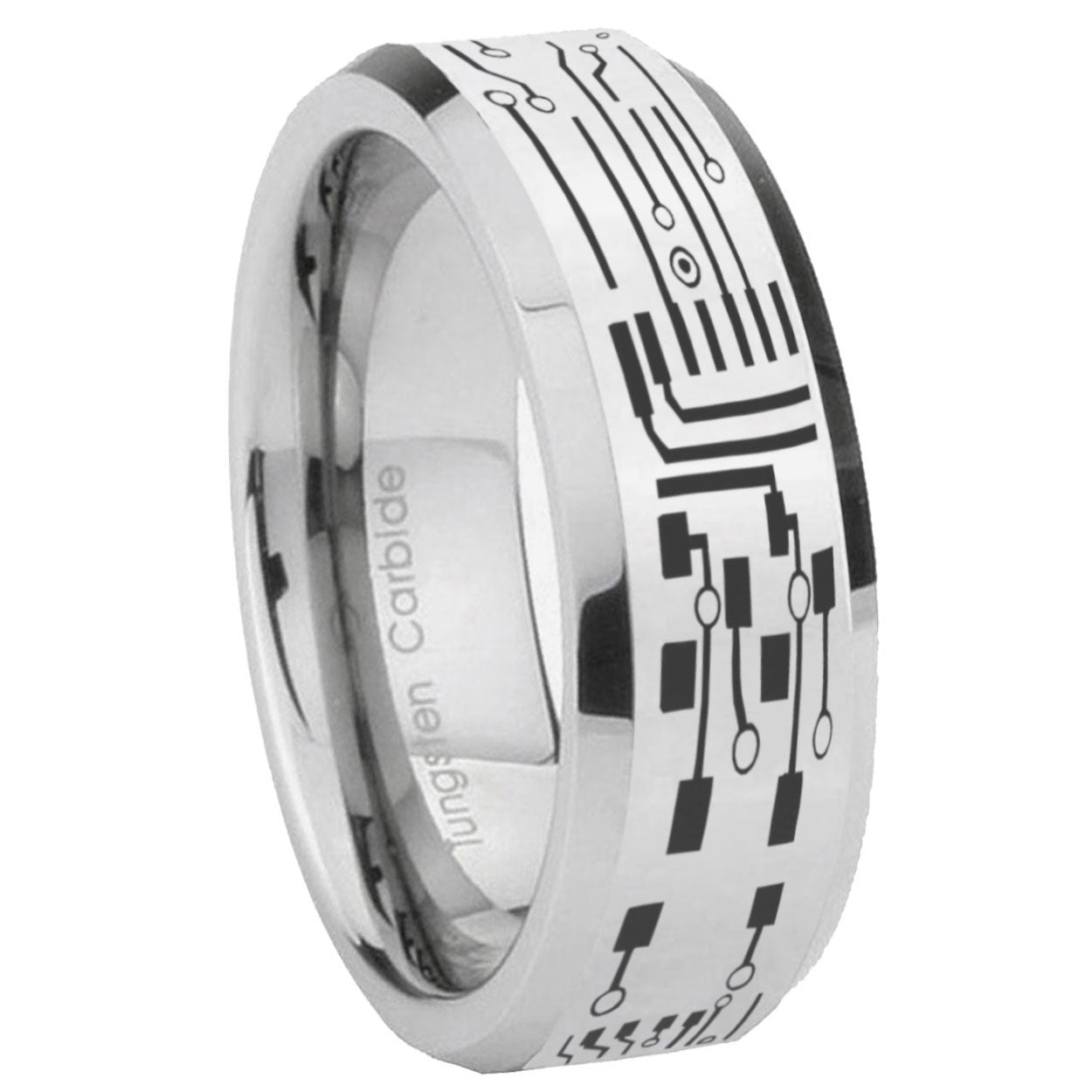 8MM Circuit Board Bevel Polish Silver Tungsten Wedding Band
