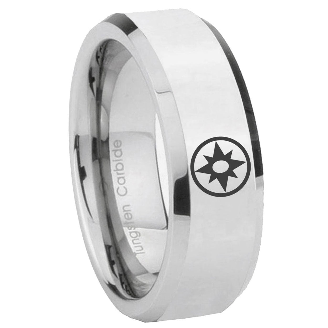 8MM Star Sapphire Lantern Bevel Polish Silver Tungsten Wedding Band