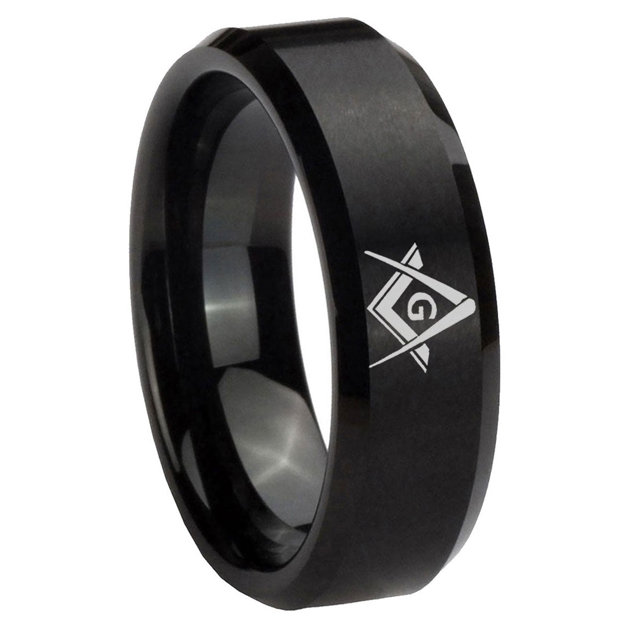 10mm Freemason Masonic Beveled Edges Brush Black Tungsten Wedding Band Mens