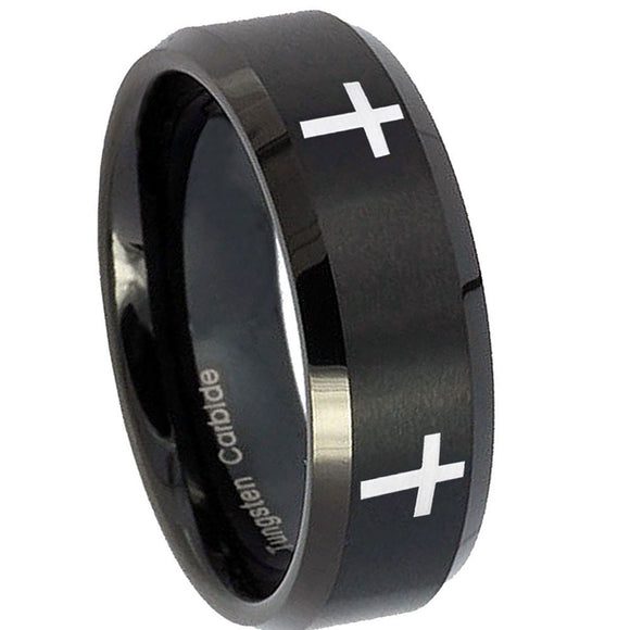 10mm-Crosses-Beveled-Edges-Brush-Black-Tungsten-Carbide-Wedding-Band-Ring