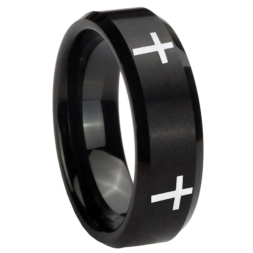 8MM Crosses Beveled Brushed Black Tungsten Ring For Man