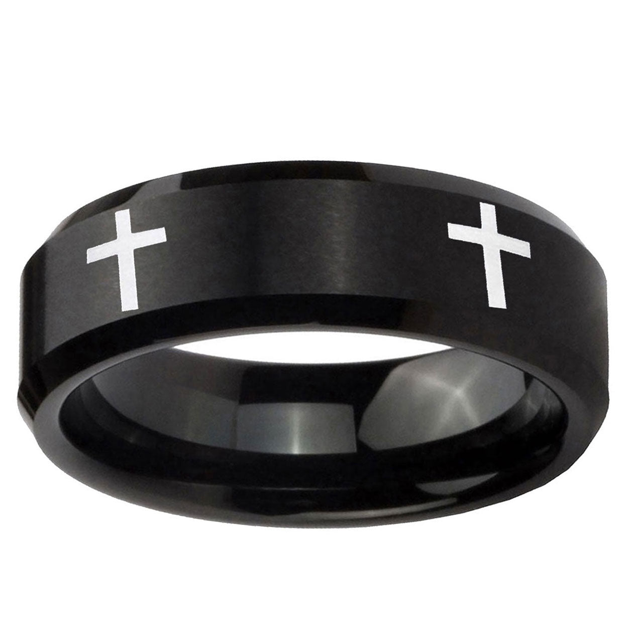 10mm Crosses Beveled Edge Brush Black Tungsten Ring