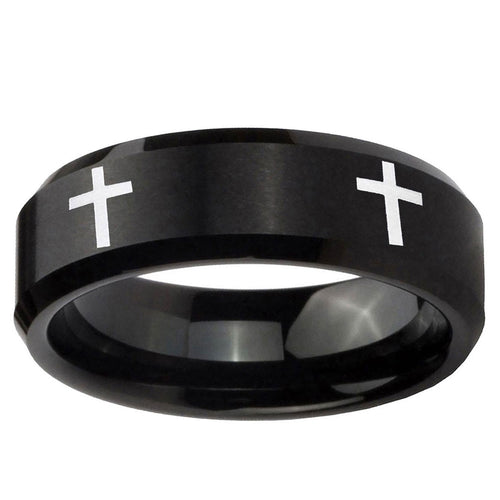 10mm Crosses Beveled Edge Brush Black Tungsten Ring