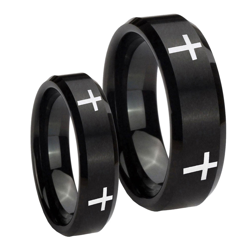 Crosses Beveled Edges Brush Black Tungsten Couple Band Set