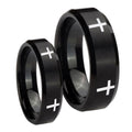 Crosses Beveled Edges Brush Black Tungsten Couple Band Set