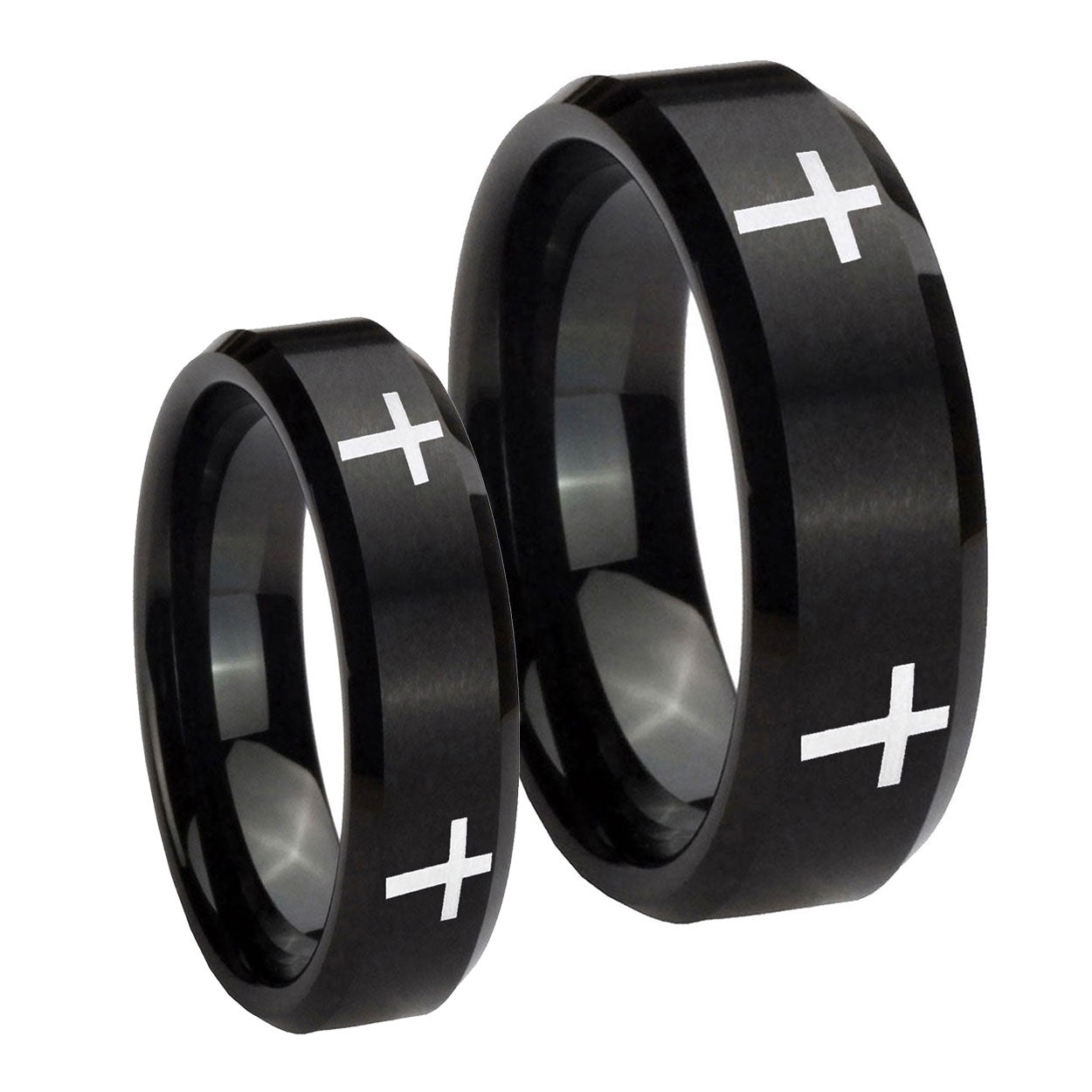 Crosses Beveled Edges Brush Black Tungsten Couple Band Set