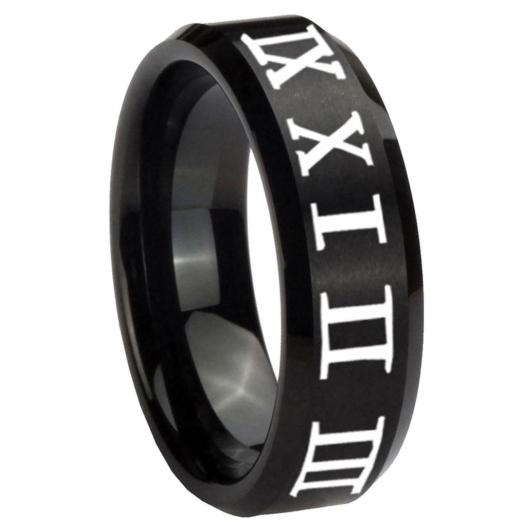 8MM Roman Numeral Beveled Brushed Black Tungsten Custom Ring