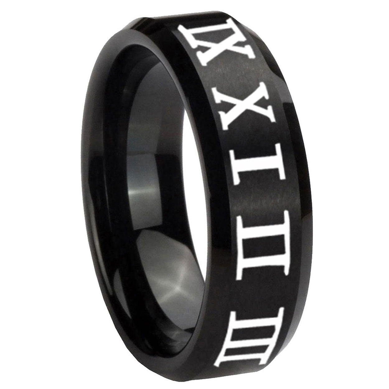 8MM Roman Numeral Beveled Brushed Black Tungsten Custom Ring
