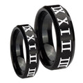 Roman Numeral Beveled Edges Brush Black Tungsten Engagement Ring Set