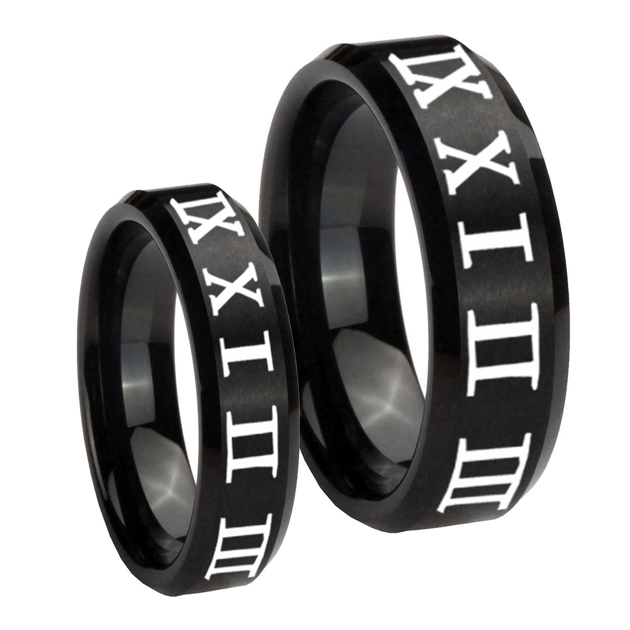 Roman Numeral Beveled Edges Brush Black Tungsten Engagement Ring Set