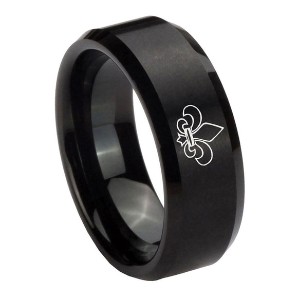 8mm-Fleur-De-Lis-Beveled-Edges-Brush-Black-Tungsten-Mens-Engagement-Ring