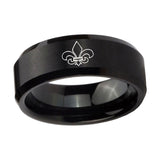 10mm-Fleur-De-Lis-Beveled-Edges-Brush-Black-Tungsten-Men's-Engagement-Ring