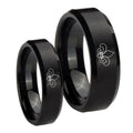 Fleur De Lis Beveled Edges Brush Black Tungsten Wedding Ring Sets