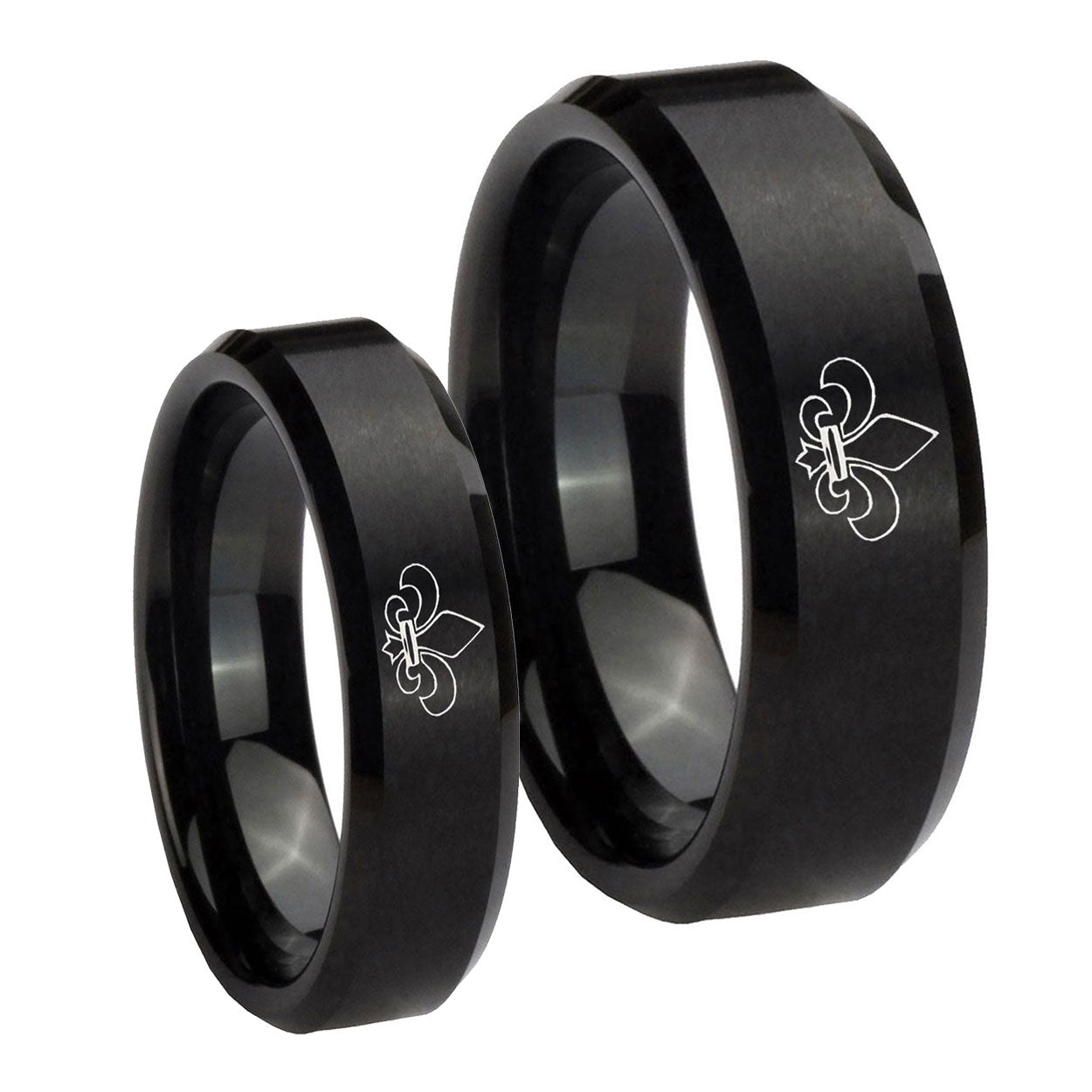 Fleur De Lis Beveled Edges Brush Black Tungsten Wedding Ring Sets