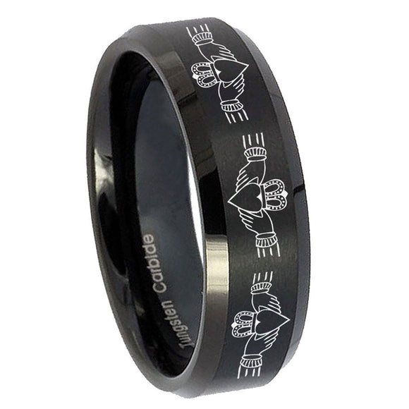 10mm-Irish-Claddagh-Beveled-Edges-Brush-Black-Tungsten-Mens-Engagement-Band