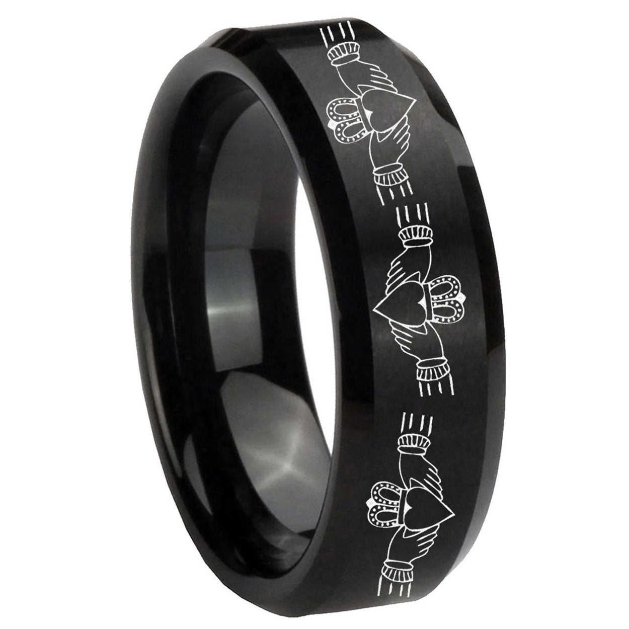 8MM Irish Claddagh Beveled Brushed Black Tungsten Engrave Man Ring