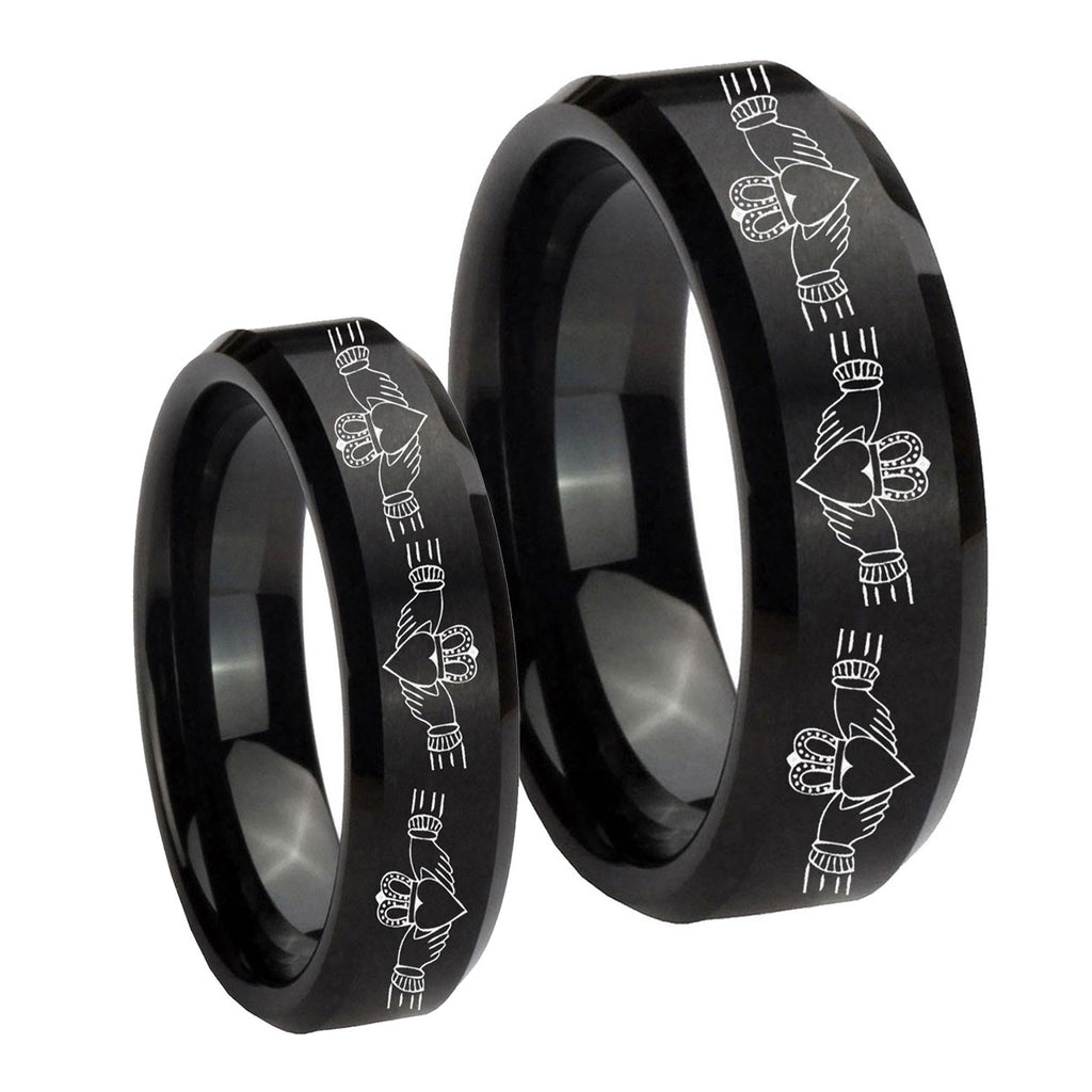 Irish Claddagh Beveled Edges Brush Black Tungsten Bridal Ring Sets