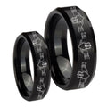 Irish Claddagh Beveled Edges Brush Black Tungsten Bridal Ring Sets