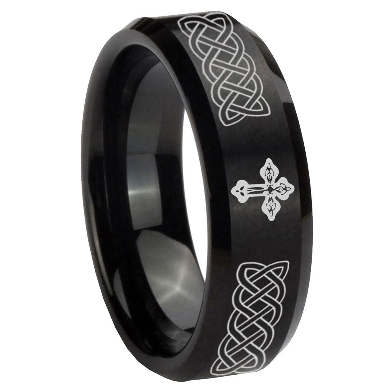 10mm Celtic Cross Beveled Edges Brush Black Tungsten Men's Engagement Band