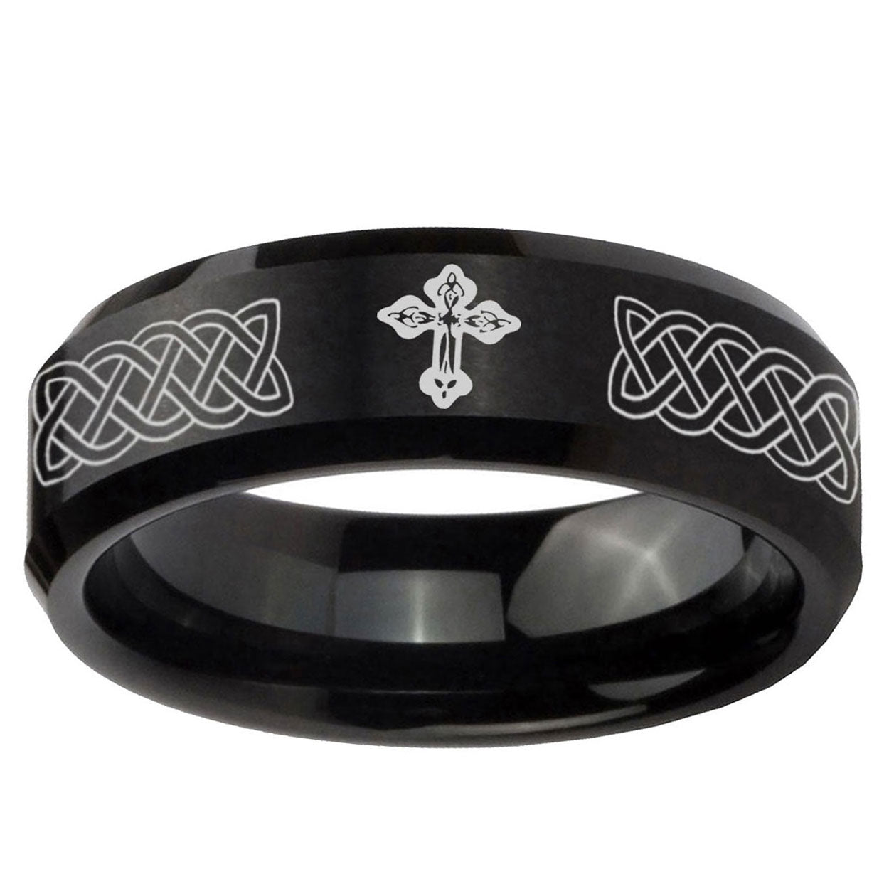 10mm Celtic Cross Beveled Edge Brush Black Tungsten Men's Engagement Band