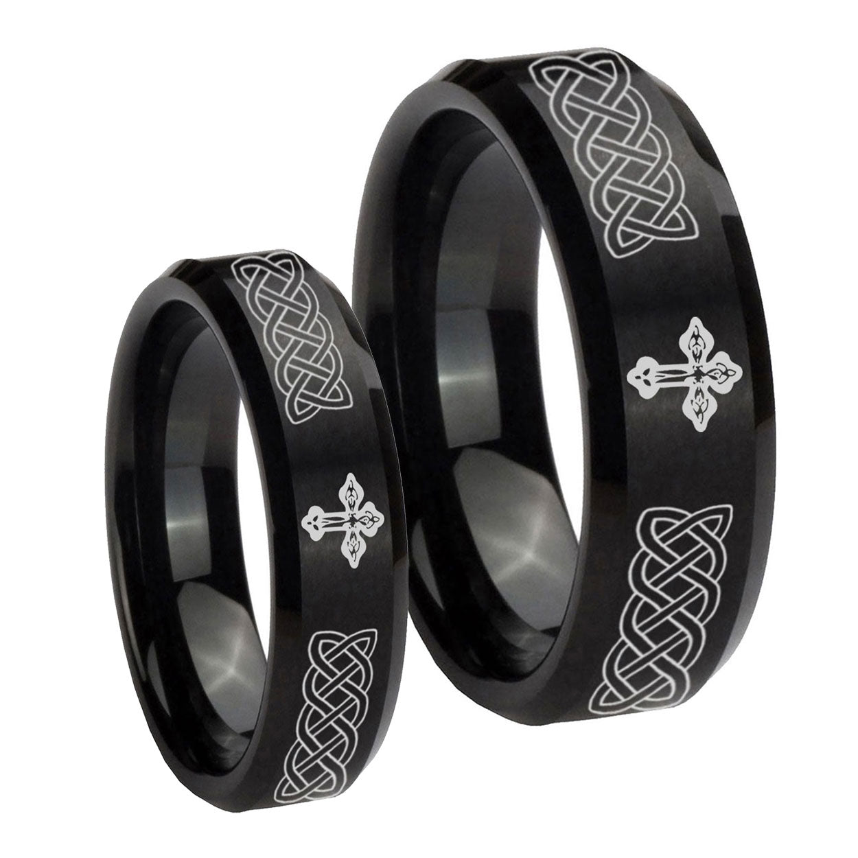 Celtic Cross Beveled Edges Brush Black Tungsten Bridal Set Ring