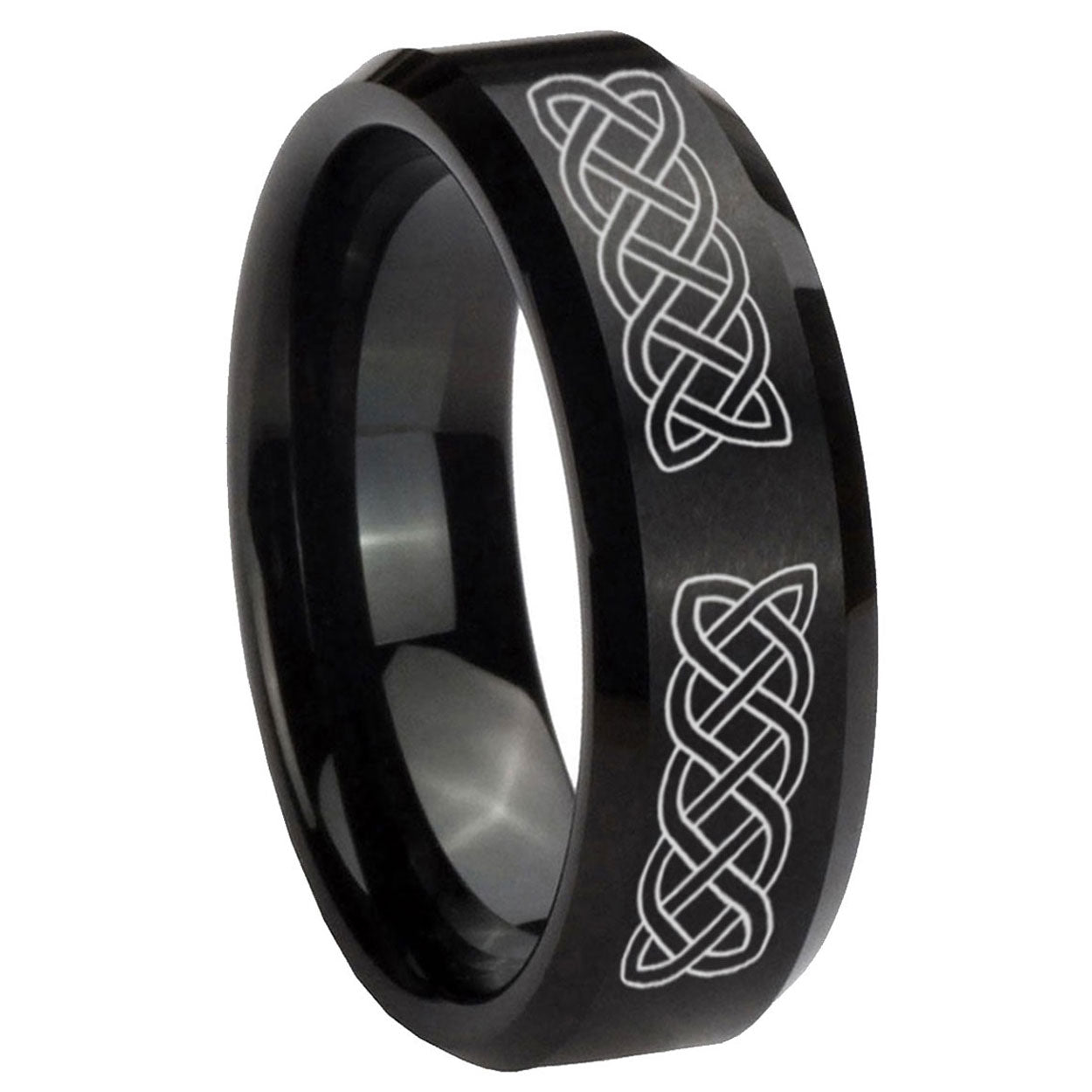 10mm Celtic Knot Beveled Edges Brush Black Tungsten Mens Engagement Ring