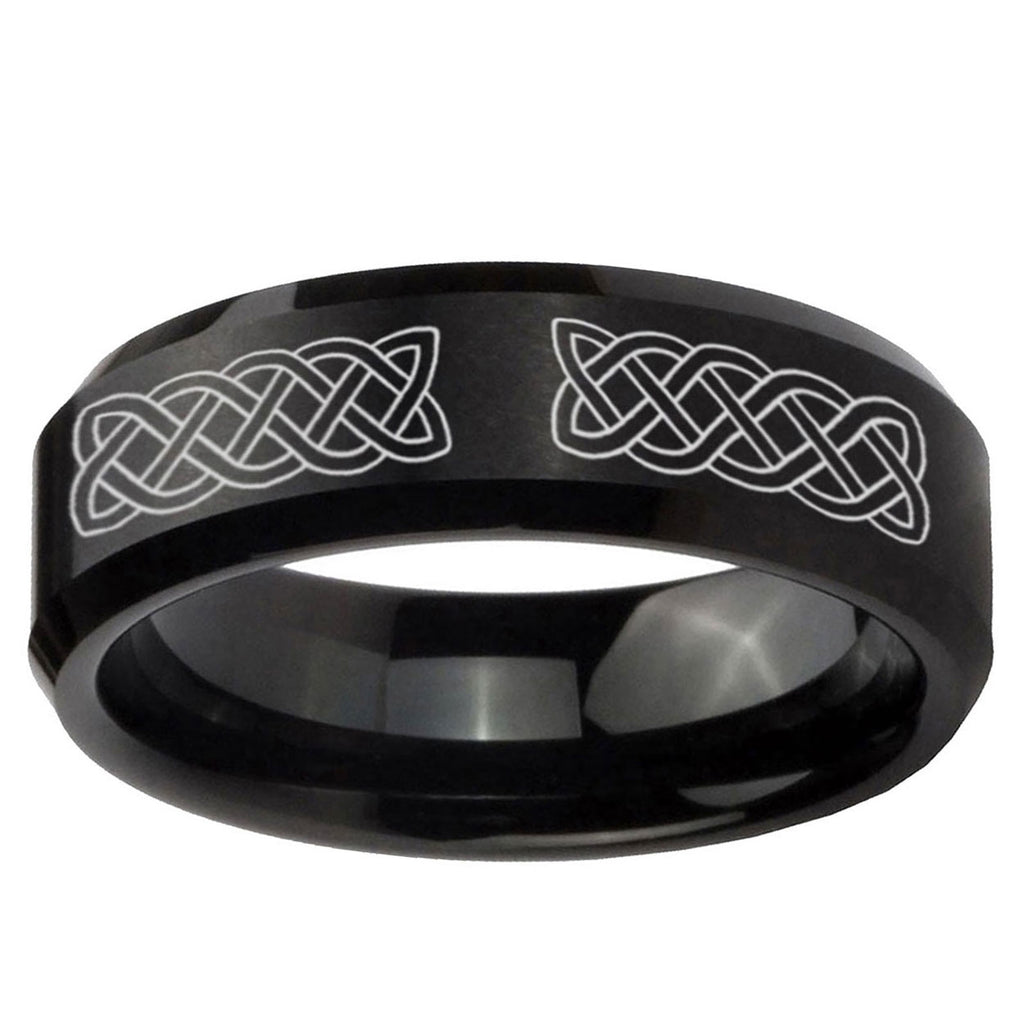 10mm Celtic Knot Beveled Edge Brush Black Tungsten Mens Engagement Ring
