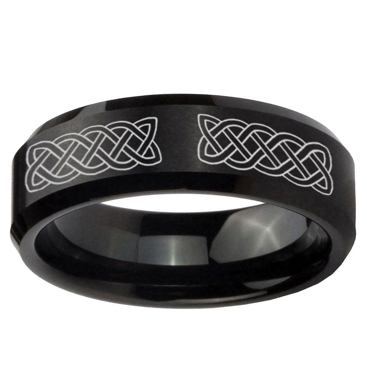 10mm Celtic Knot Beveled Edge Brush Black Tungsten Mens Engagement Ring