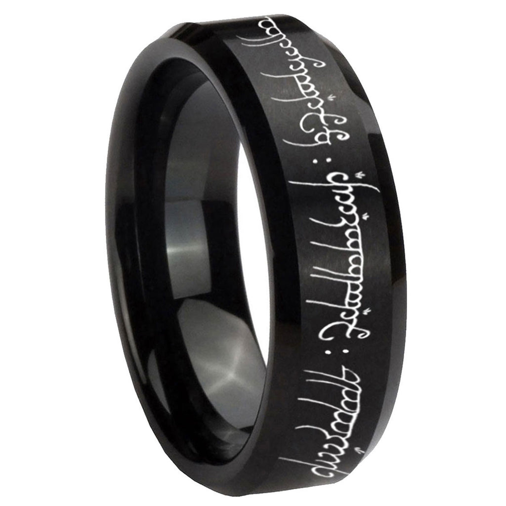 8MM Lord Of The Rings Beveled Brushed Black Tungsten Wedding Band