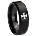 8MM Maltese Cross Beveled Brushed Black Tungsten Ring Men