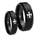 Maltese Cross Beveled Edges Brush Black Tungsten Bridal Band Set