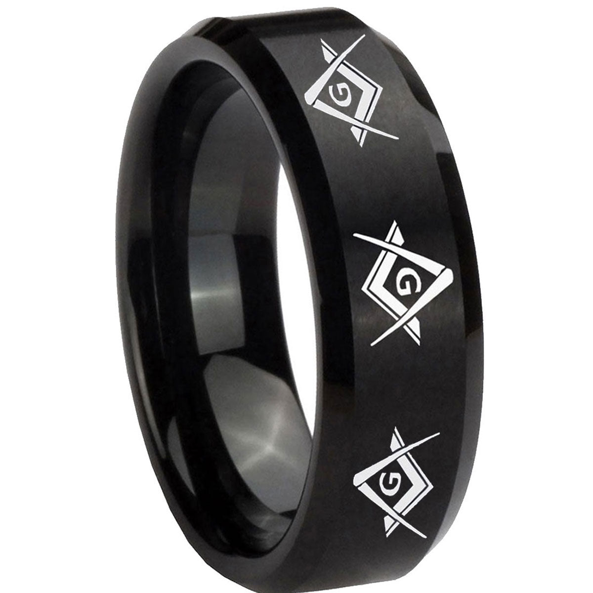 10mm Master Mason Masonic Beveled Brush Black Tungsten Men's Promise Rings