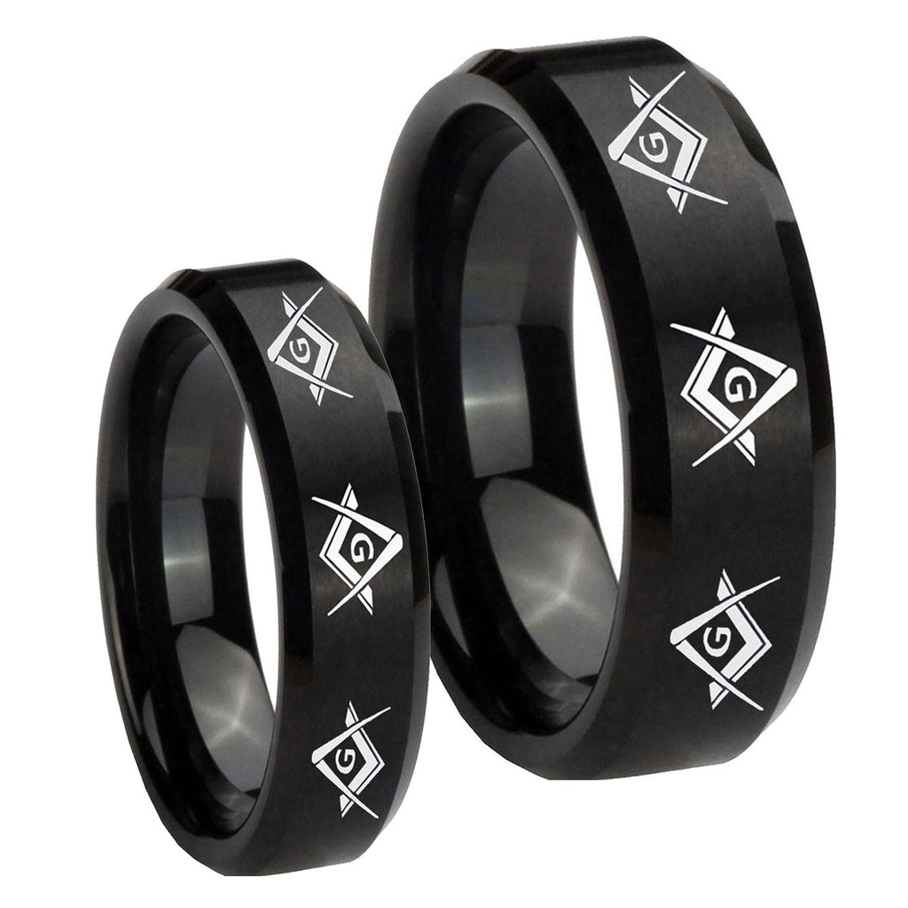 Master Mason Masonic Beveled Brush Black Tungsten Couples Ring Set