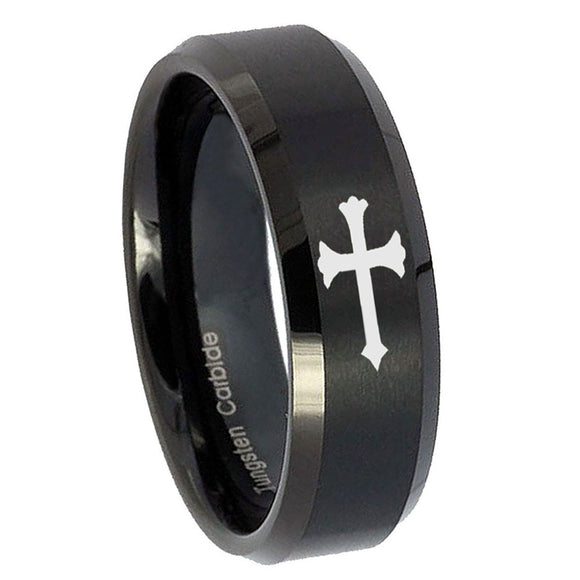 10mm-Christian-Cross-Beveled-Edges-Brush-Black-Tungsten-Carbide-Mens-Ring