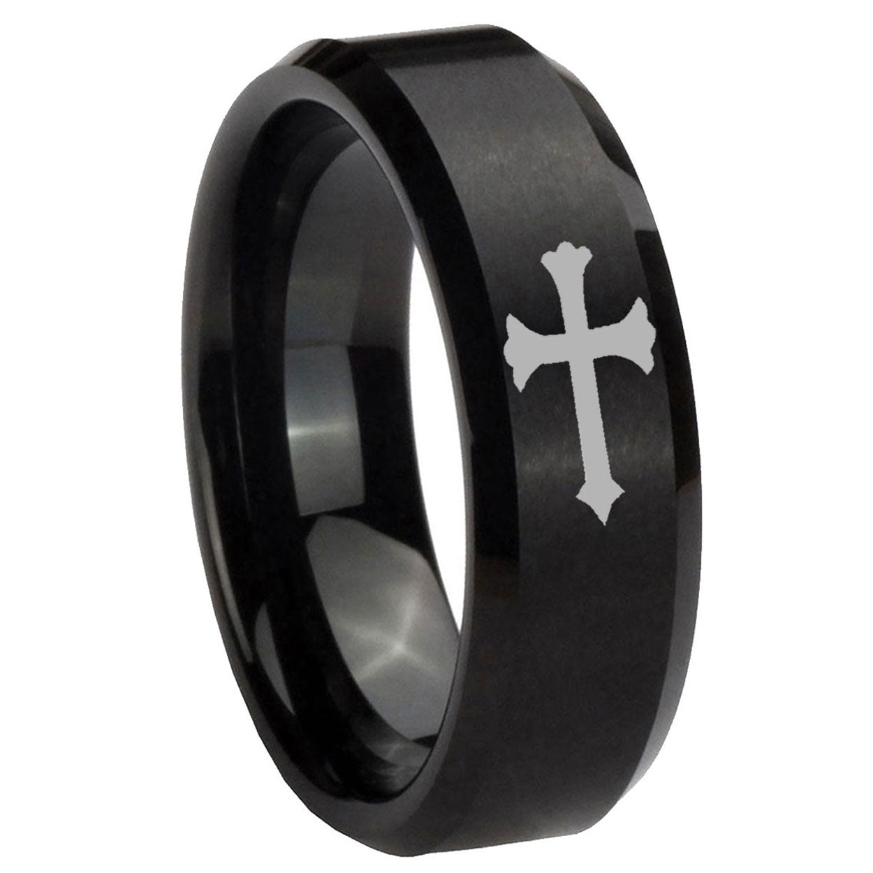 Flat Christian Cross Tungsten Carbide Wedding Set Ring