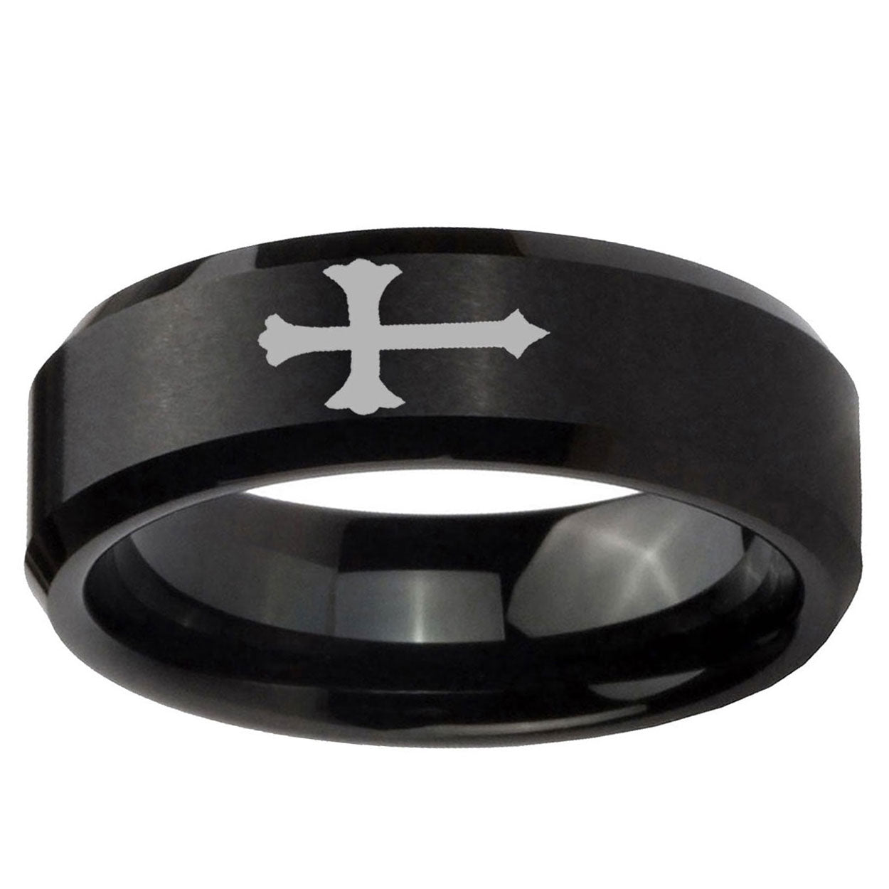 10mm Christian Cross Beveled Edge Brush Black Tungsten Carbide Mens Ring