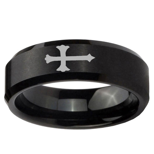 10mm Christian Cross Beveled Edge Brush Black Tungsten Carbide Mens Ring