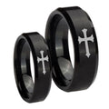 Christian Cross Beveled Brush Black Tungsten Bridal Ring Set