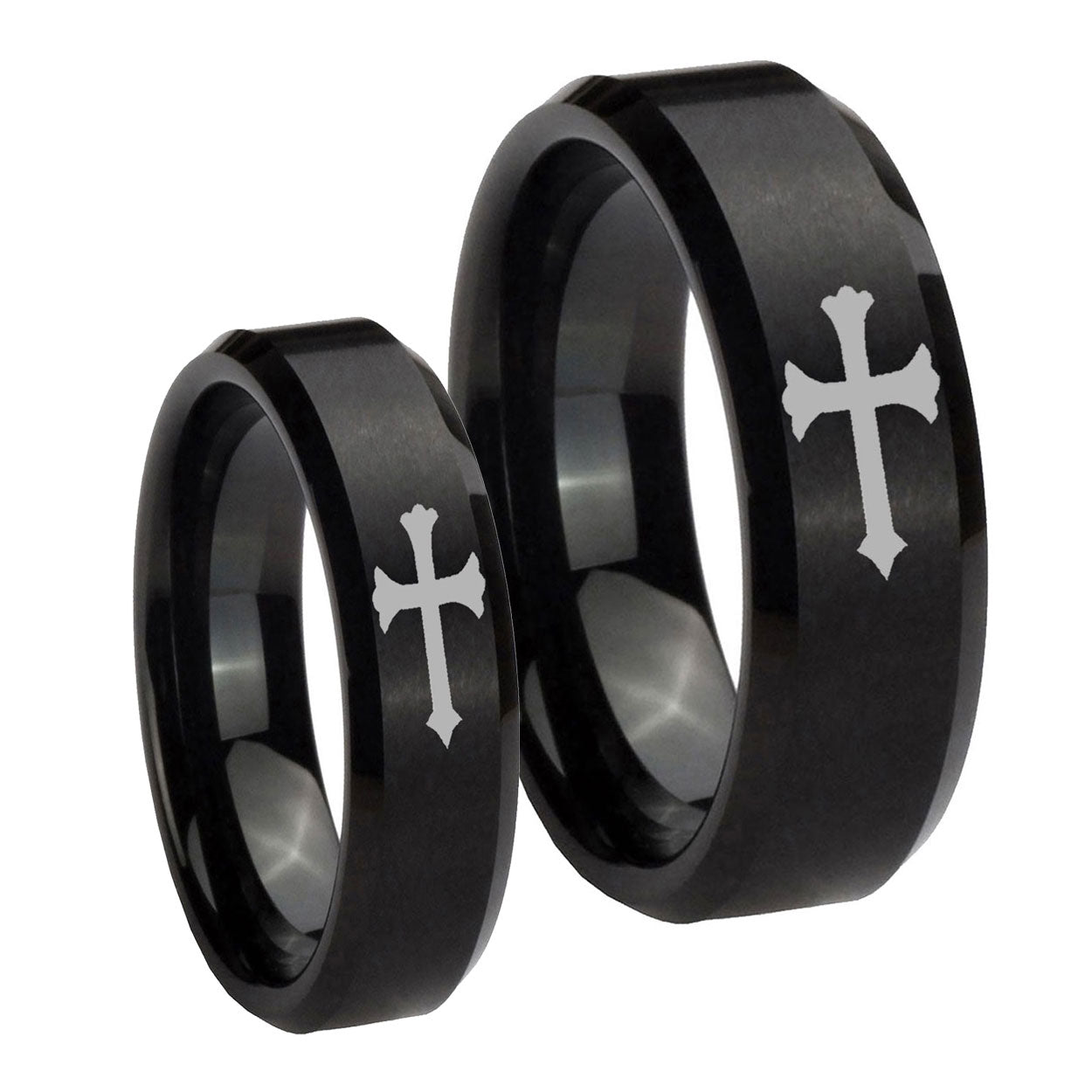 Christian Cross Beveled Brush Black Tungsten Bridal Ring Set